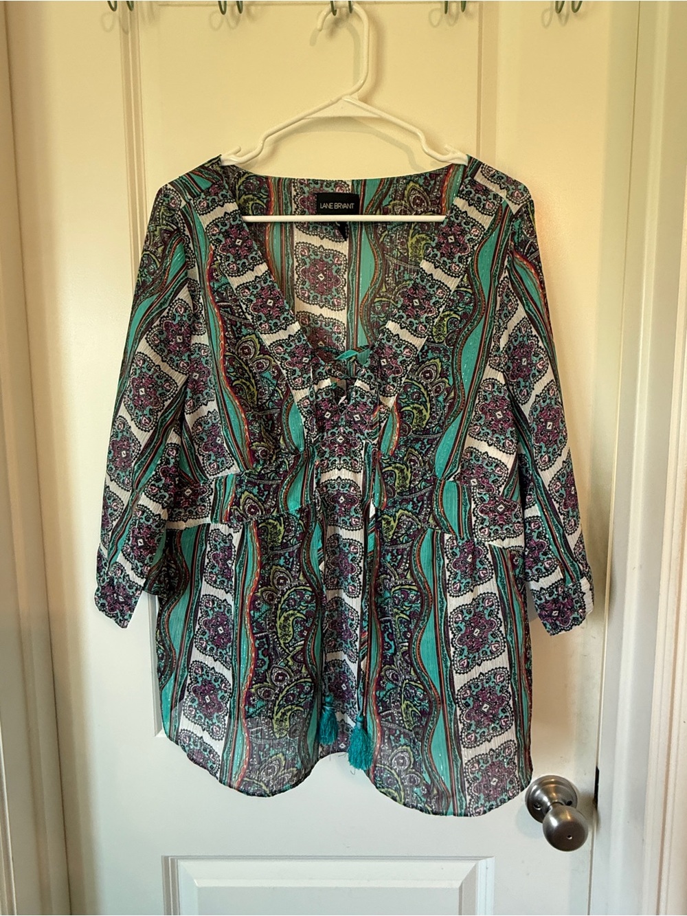 Lane Bryant Teal and Purple Paisley Tie-Front Tunic